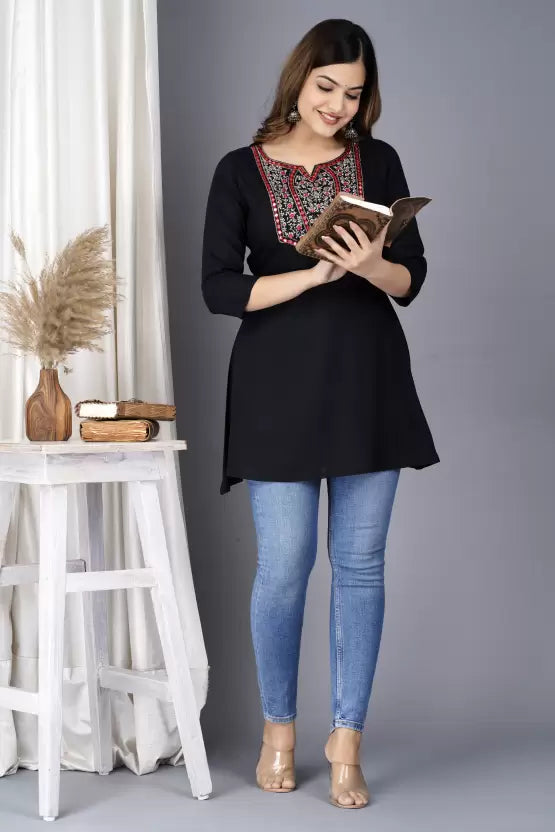 Casual Regular Sleeves Embroidered Women Black Top