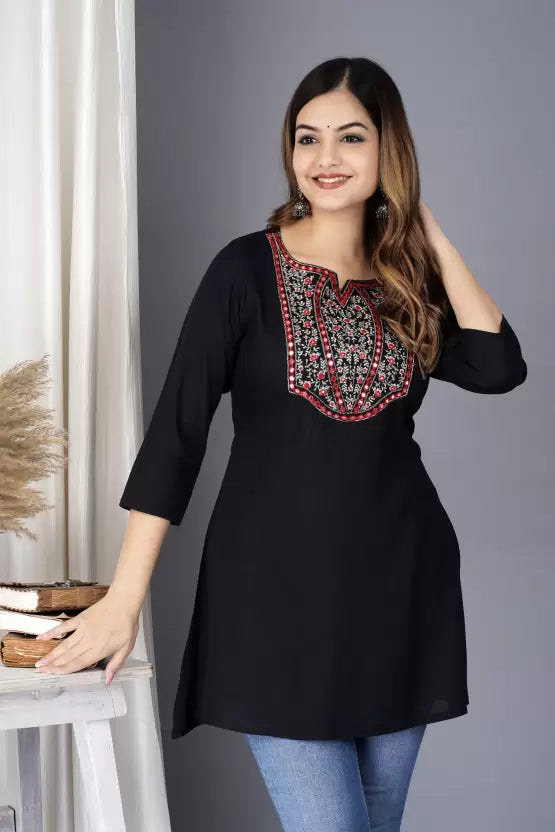 Casual Regular Sleeves Embroidered Women Black Top