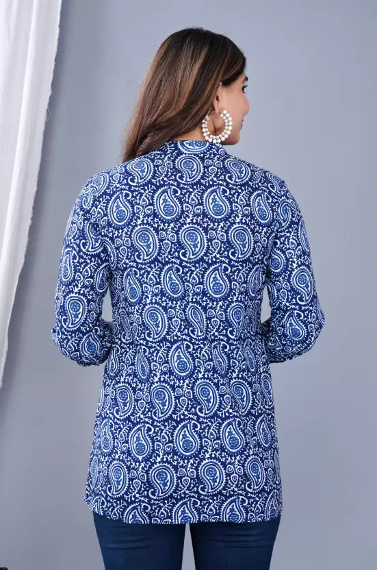 Casual Regular Sleeves Printed Women Blue Top