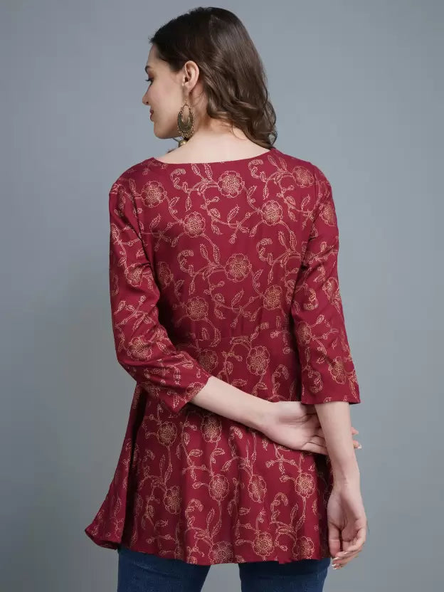 Casual Regular Sleeves Printed Women Maroon Top