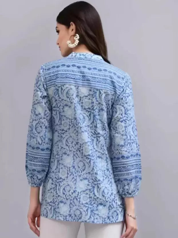 Casual Regular Sleeves Printed Women Blue Top