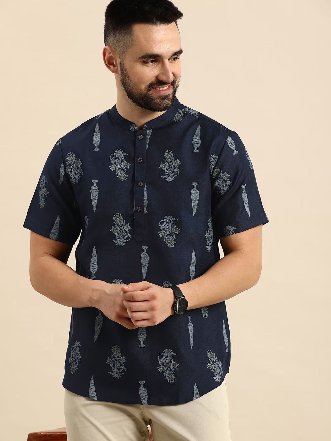 Mandarin Collar Ethnic Motifs Printed Short Kurta