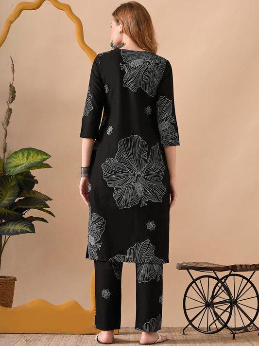 Women Floral Printed Regular Beads and Stones Pure Cotton Kurta with Trousers - Amy's Cart