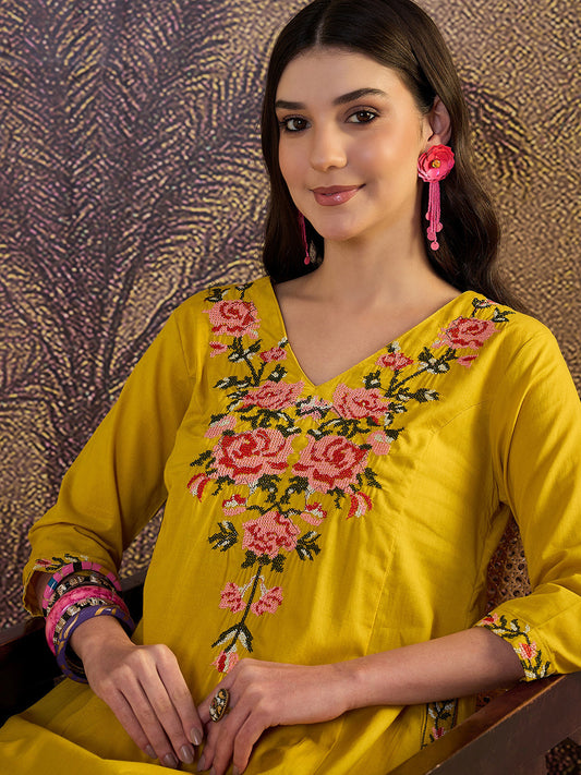 Women Floral Embroidered Regular Pure Cotton Straight Kurta with Palazzos - Amy's Cart