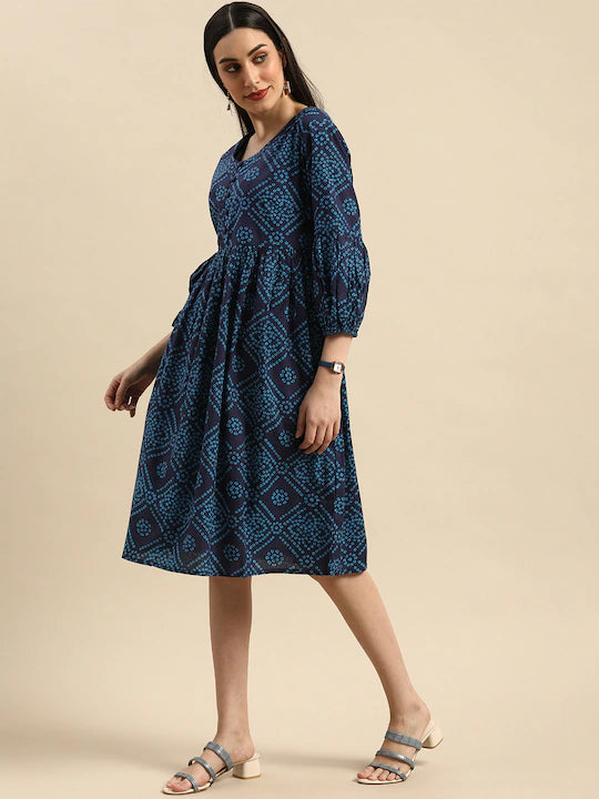 Blue Bandhani Print Ethnic A-Line Dress