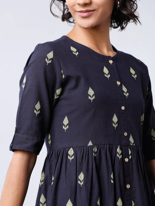 Women Navy Blue Self Design Fit and Flare Dress
