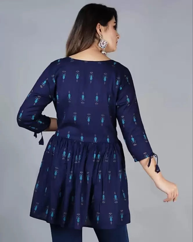 Casual Regular Sleeves Printed Women Dark Blue Top