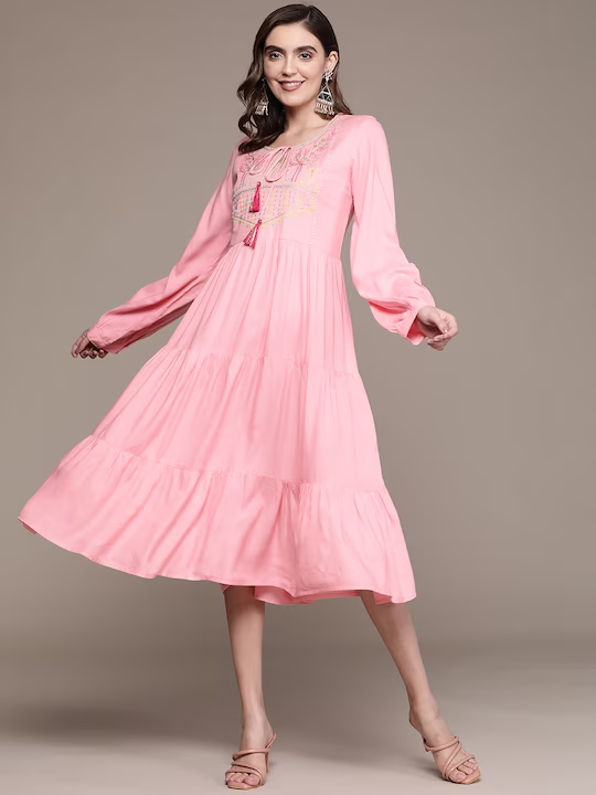 Pink Floral Embroidered Ethnic A-Line Dress