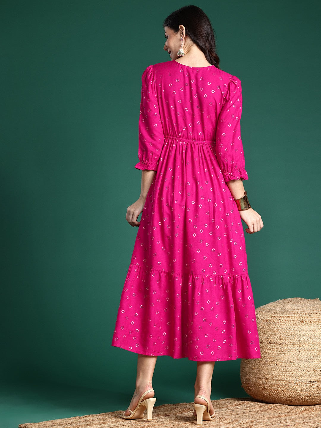 Pink Wrap Tiered Midi Ethnic Dress