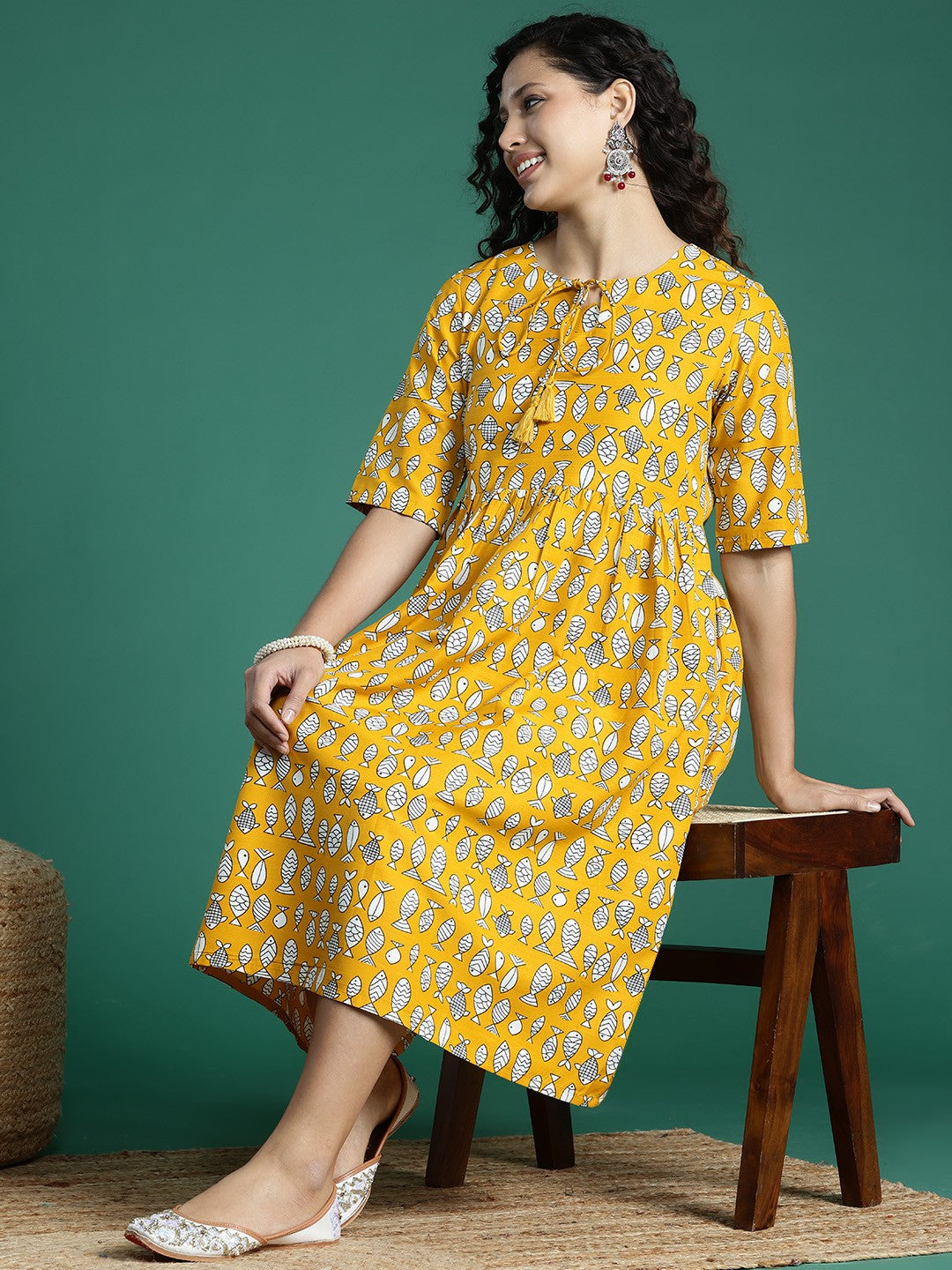 Printed Tie-Up Neck A-Line Midi Dress