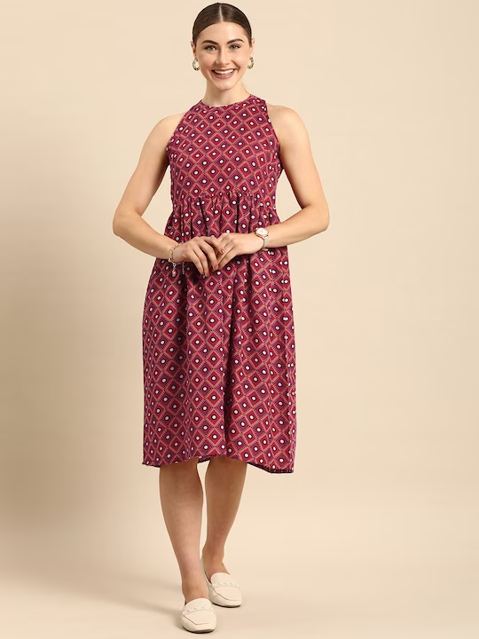 Geometric Print A-Line Dress Gathered or Pleated Detailing