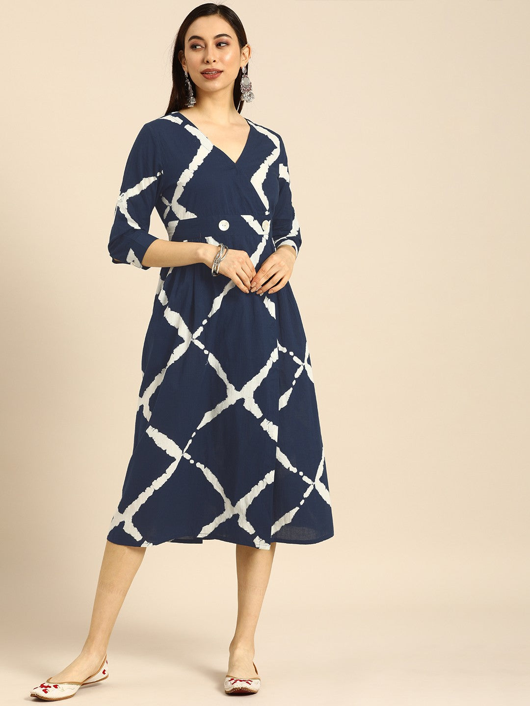 Navy Blue & White Ethnic A-Line Midi Dress