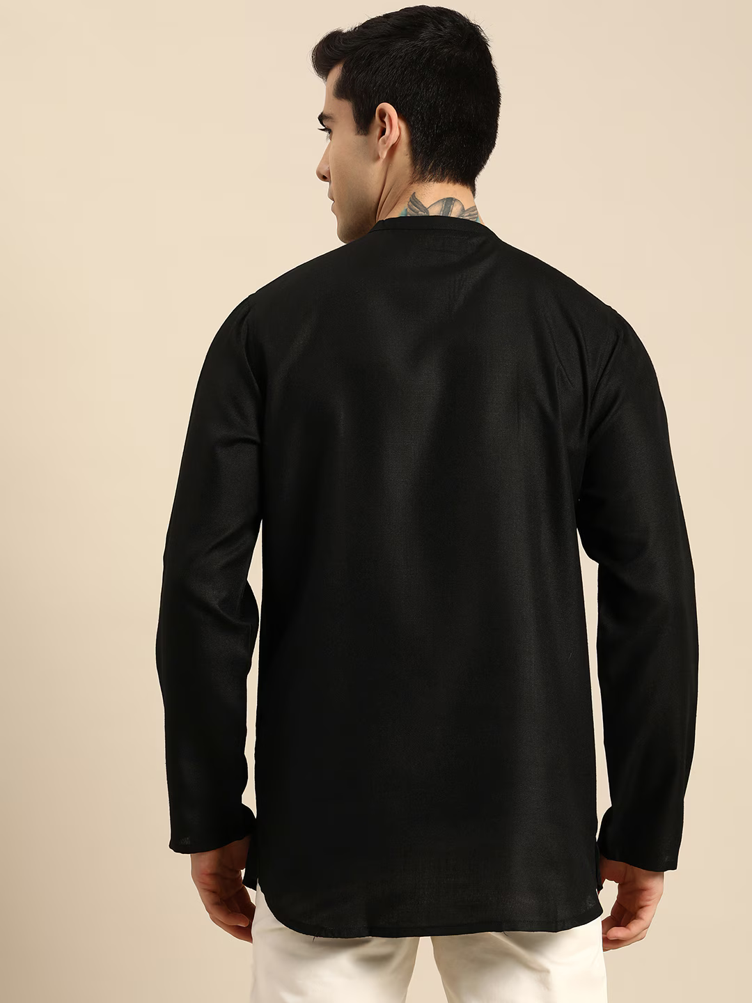 Men Black Solid Mandarin-Collar Angrakha Kurta
