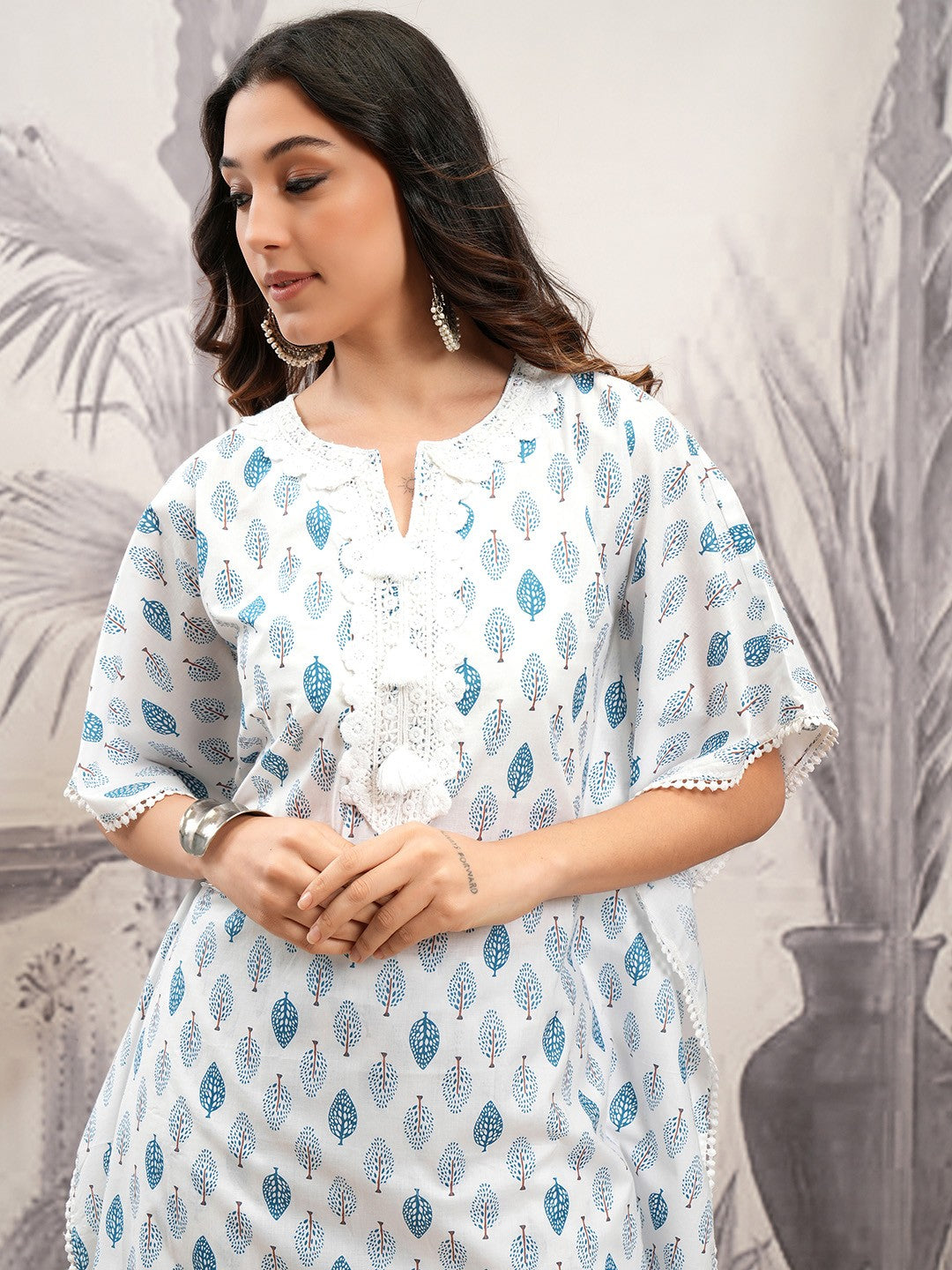 White & Blue Floral Printed Pure Cotton Straight Kurta with Trousers