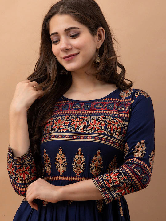 Blue Ethnic Motifs Maxi Maxi Dress
