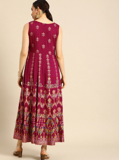 Burgundy & Golden Ethnic Motifs Ethnic Maxi Dress
