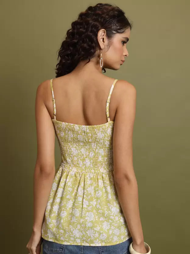 Casual Sleeveless Printed Women Yellow, White Top