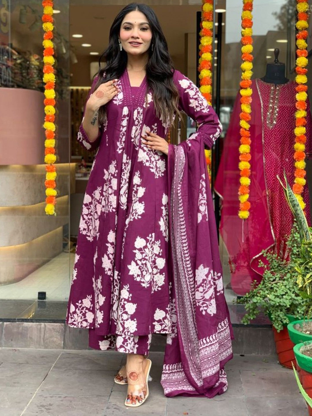 Floral Printed Pure Cotton Anarkali Kurta With Palazzos And Dupatta