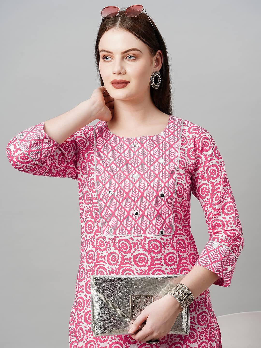 omen's Pink Cotton Blend Traditional Straight Printed Kurta and Palazzo Set