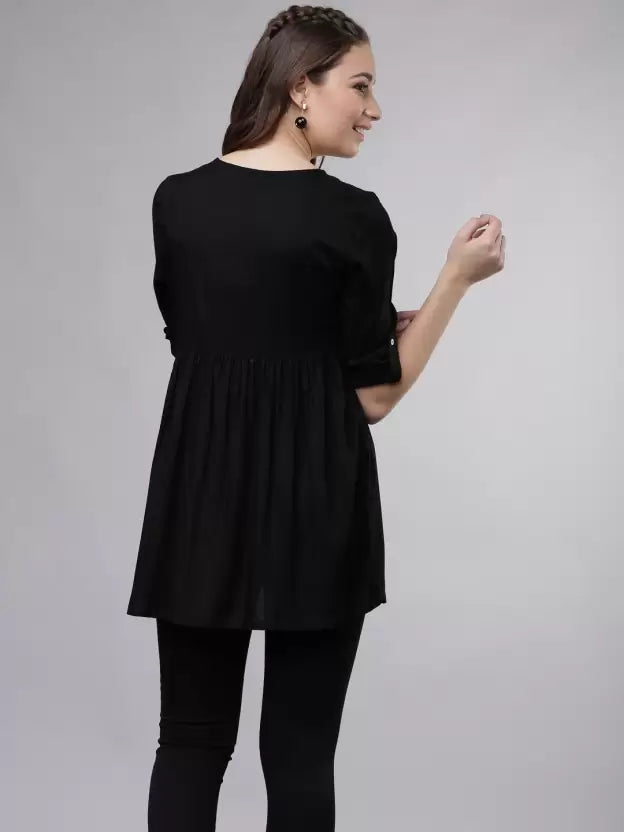 Casual Regular Sleeves Embroidered Women Black Top