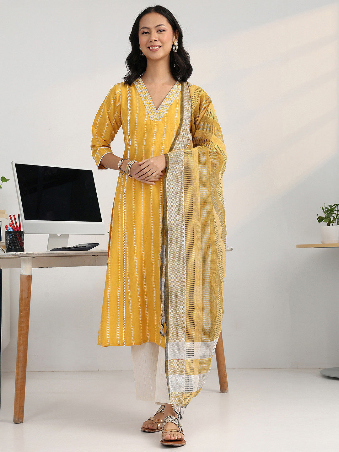 Women Striped Regular Thread Work Kurta with Trousers & With Dupatta