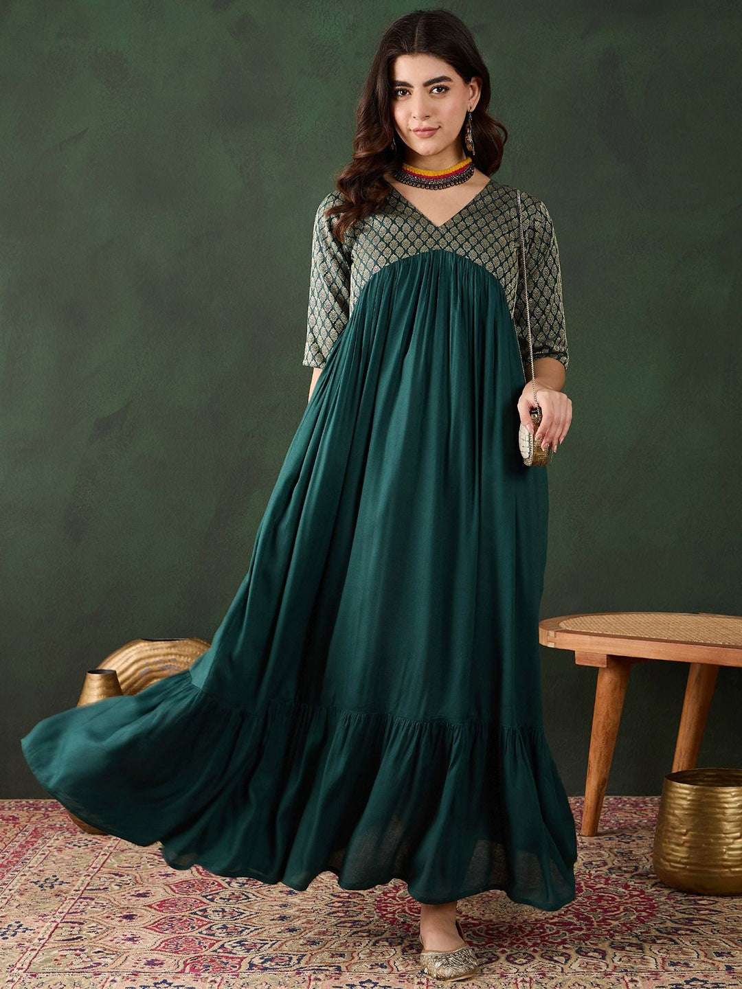 Self Design V-Neck Fit & Flare Tiered Dress