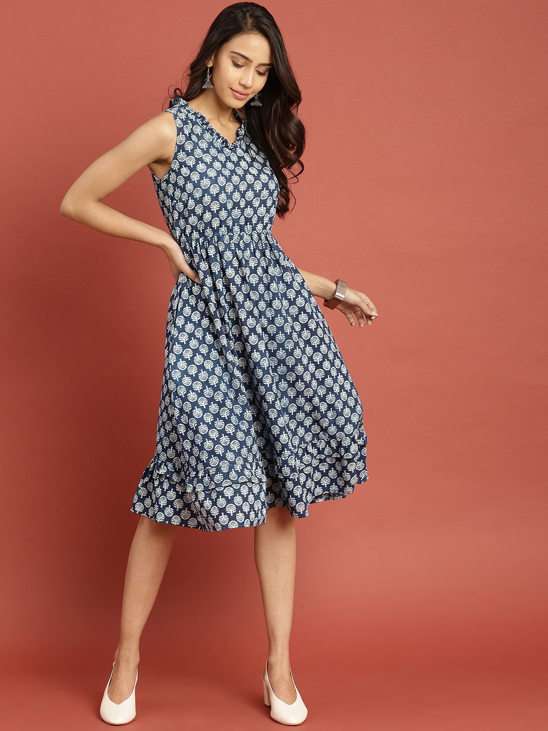 Blue Indigo Hand Block Print A-Line Pure Cotton Dress with Layered Hem