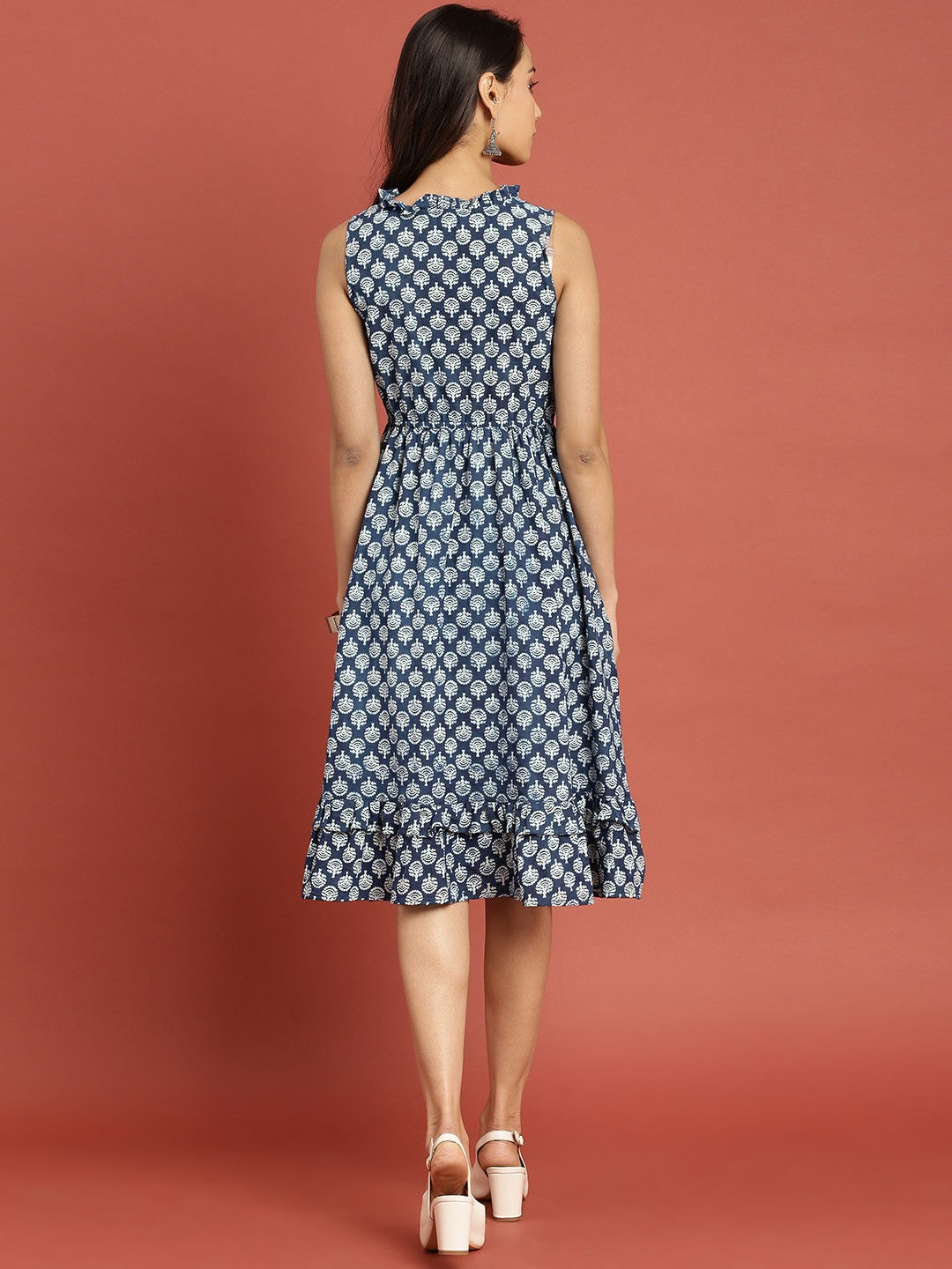Blue Indigo Hand Block Print A-Line Pure Cotton Dress with Layered Hem