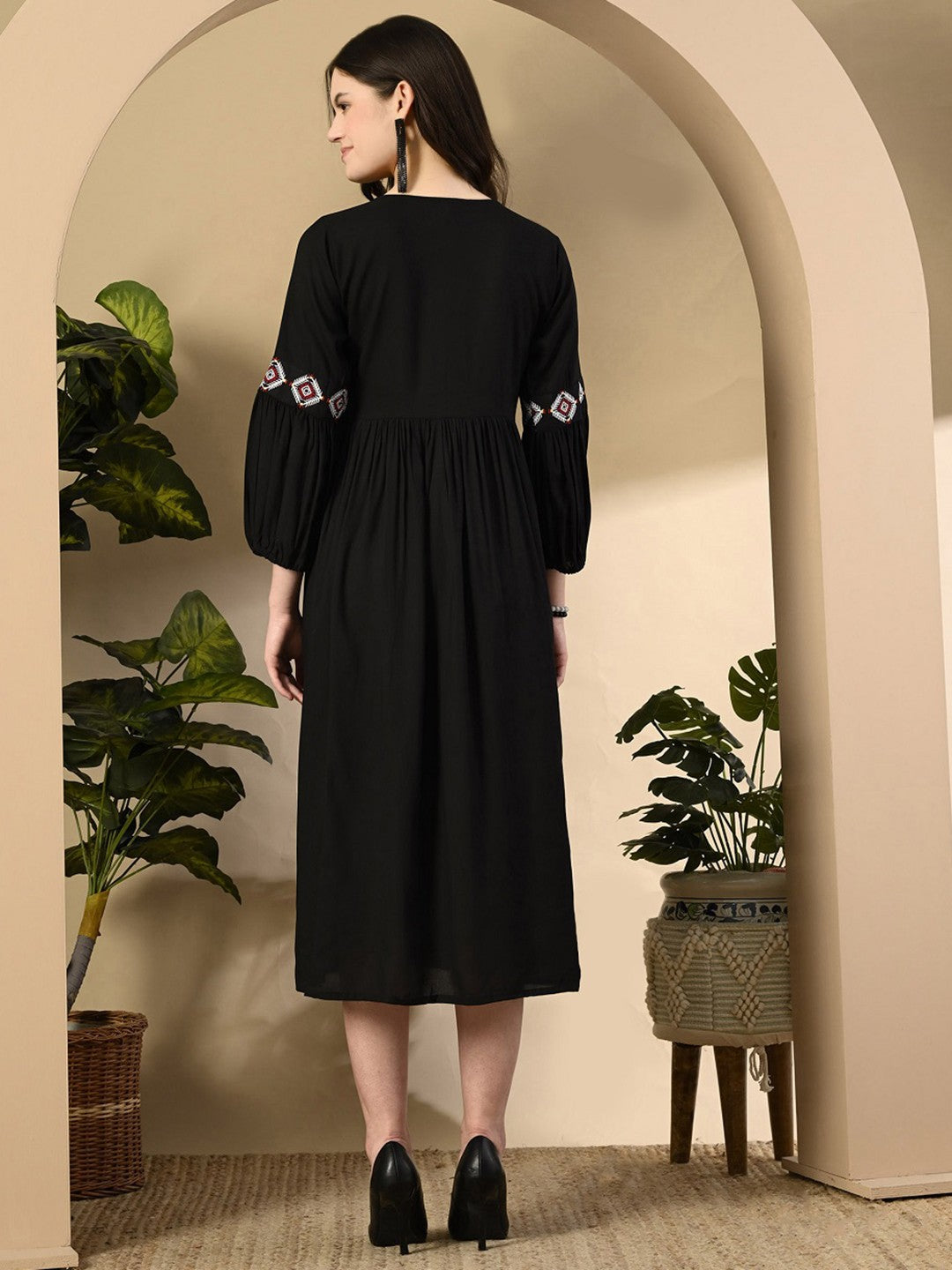 Geometric Embroidered Tie-Up Neck Puff Sleeves Anarkali Midi Ethnic Dress