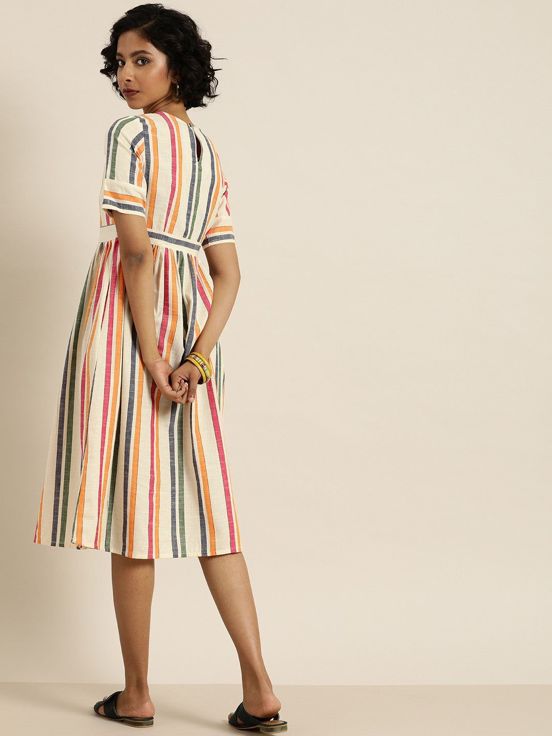 Women Multicoloured Striped Woven Legacy A-Line Dress with Pockets