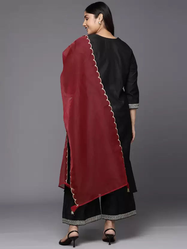Plus Size Embroidered Sequinned Kurta with Palazzos & Dupatta