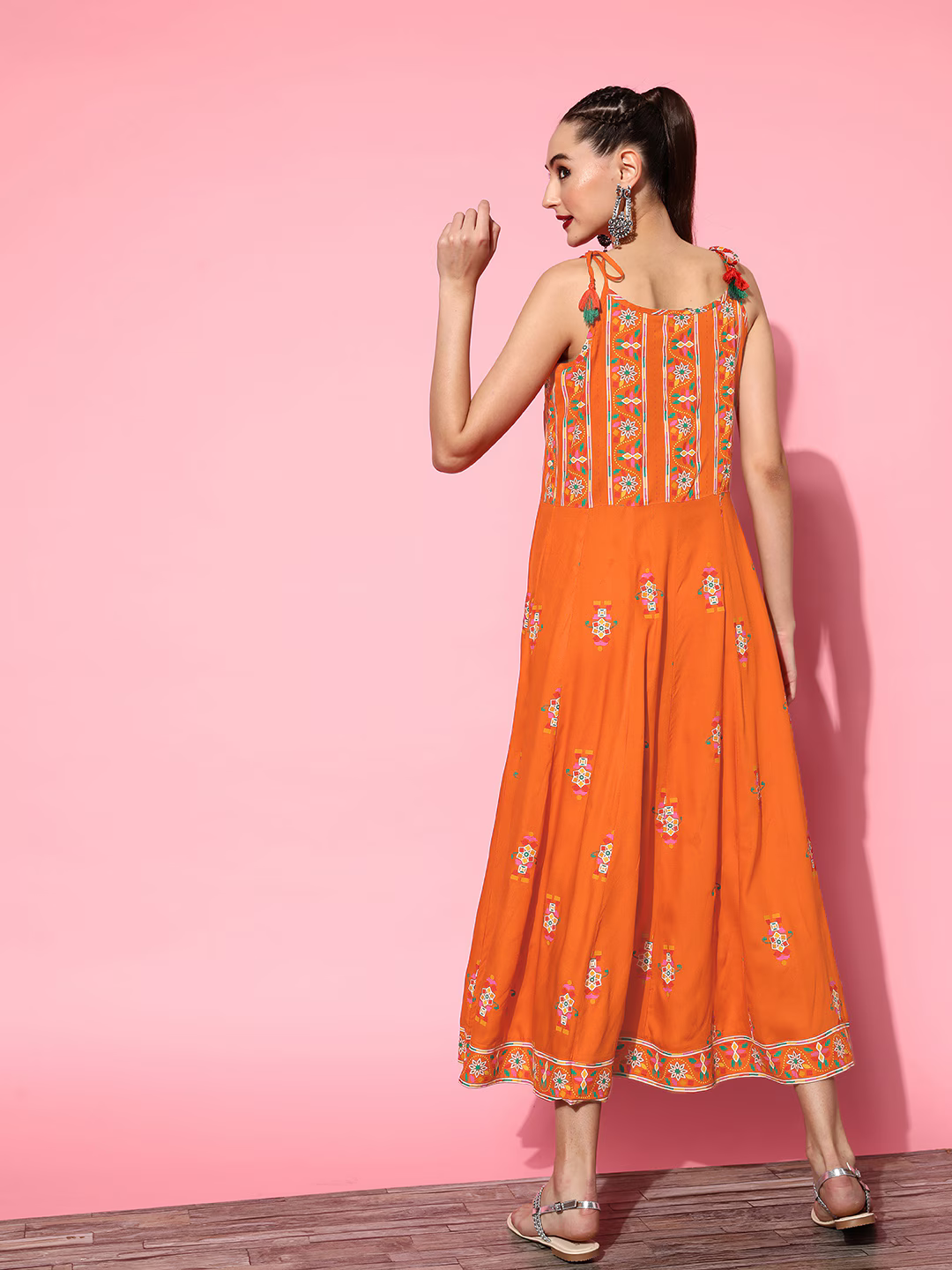 Women Orange Viscose Rayon Fluid Tie-Up Ethnic Dress