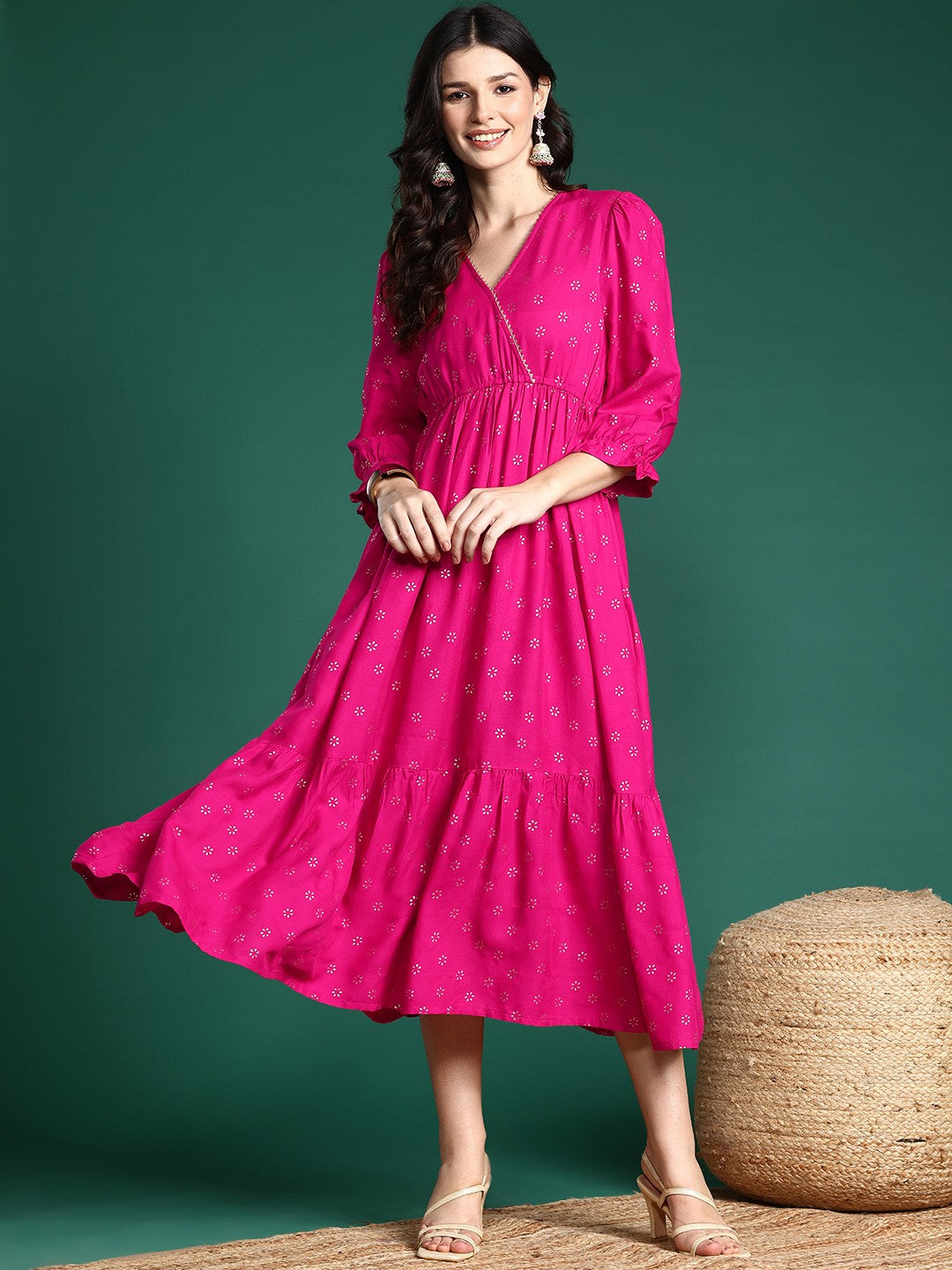 Pink Wrap Tiered Midi Ethnic Dress