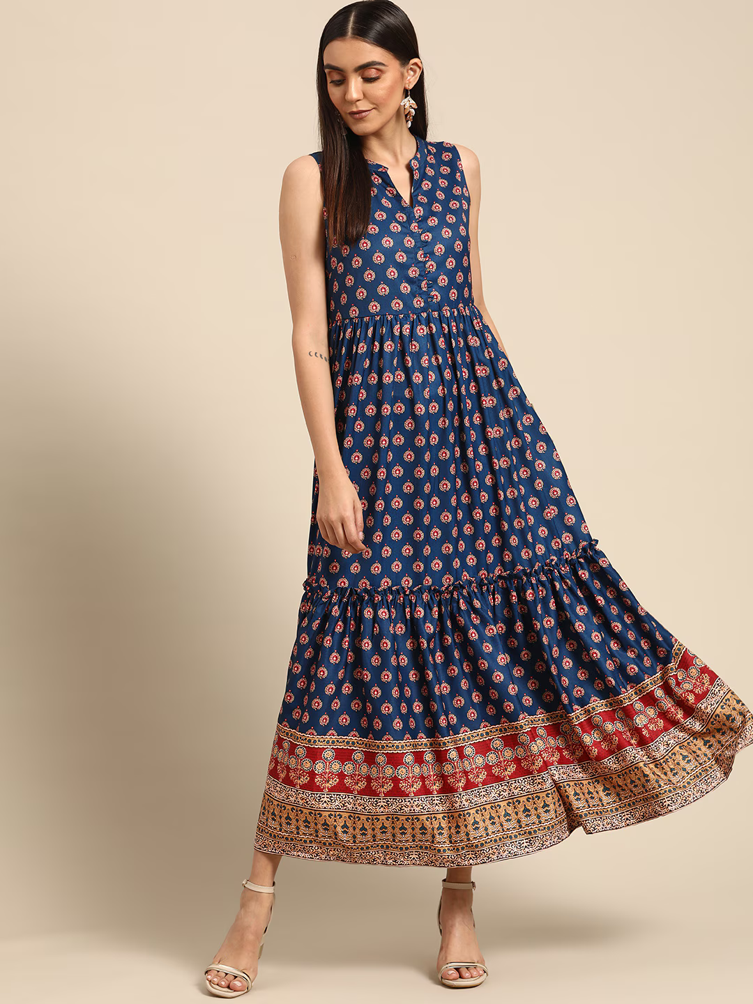 Women Navy Blue & Maroon Ethnic Motifs Crepe Ethnic Maxi Dress