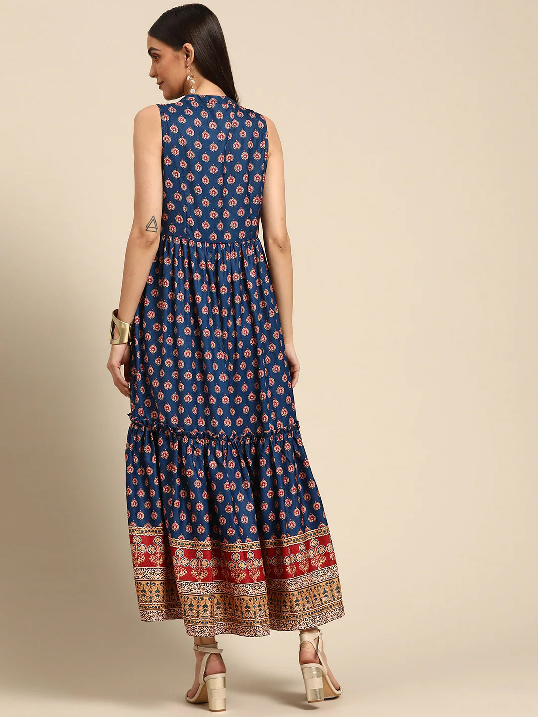 Women Navy Blue & Maroon Ethnic Motifs Crepe Ethnic Maxi Dress