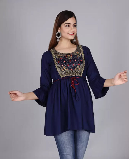 Casual Regular Sleeves Embroidered Women Blue Top