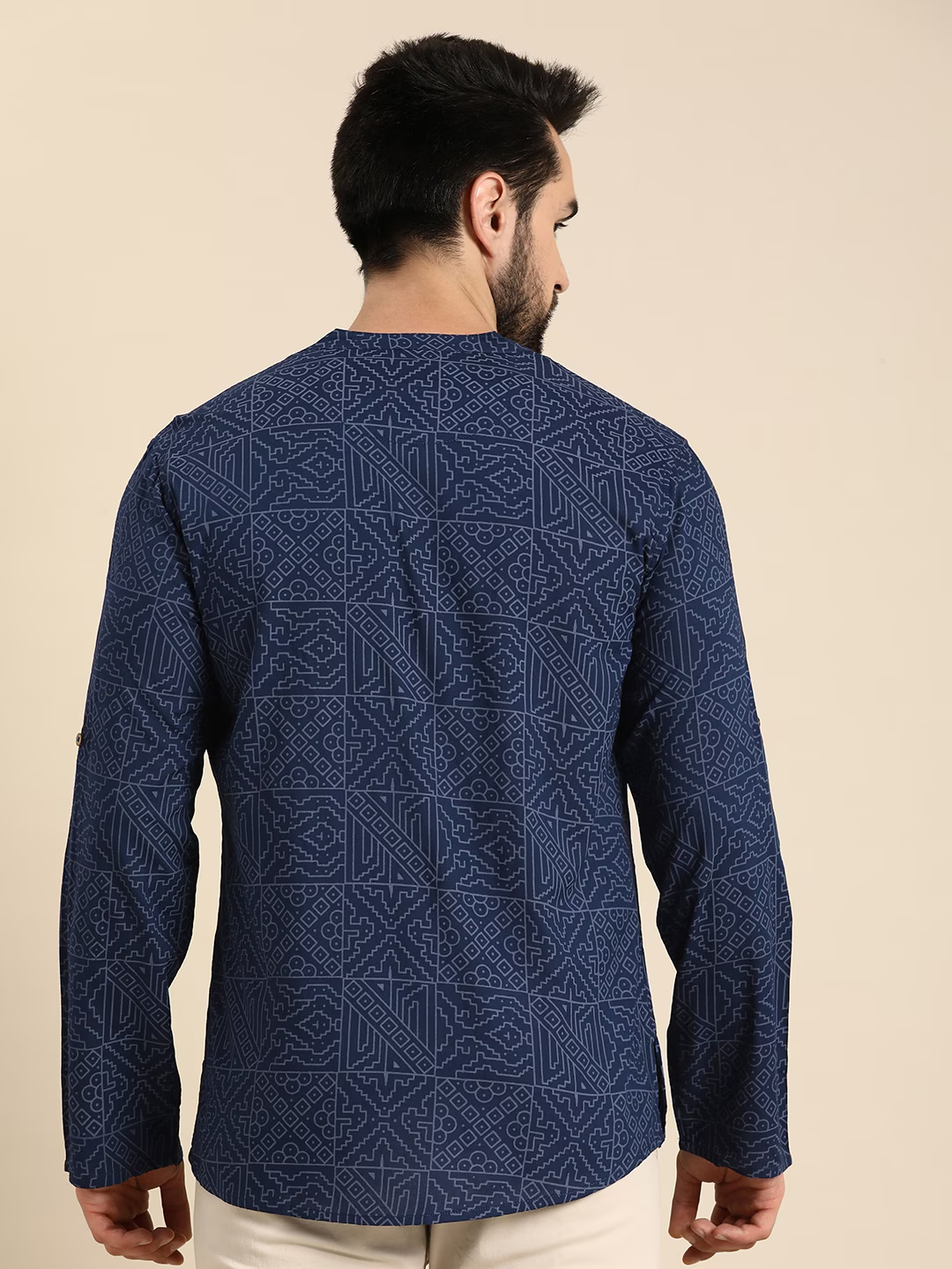 Men Geometric Printed Cotton Indigo Kurta
