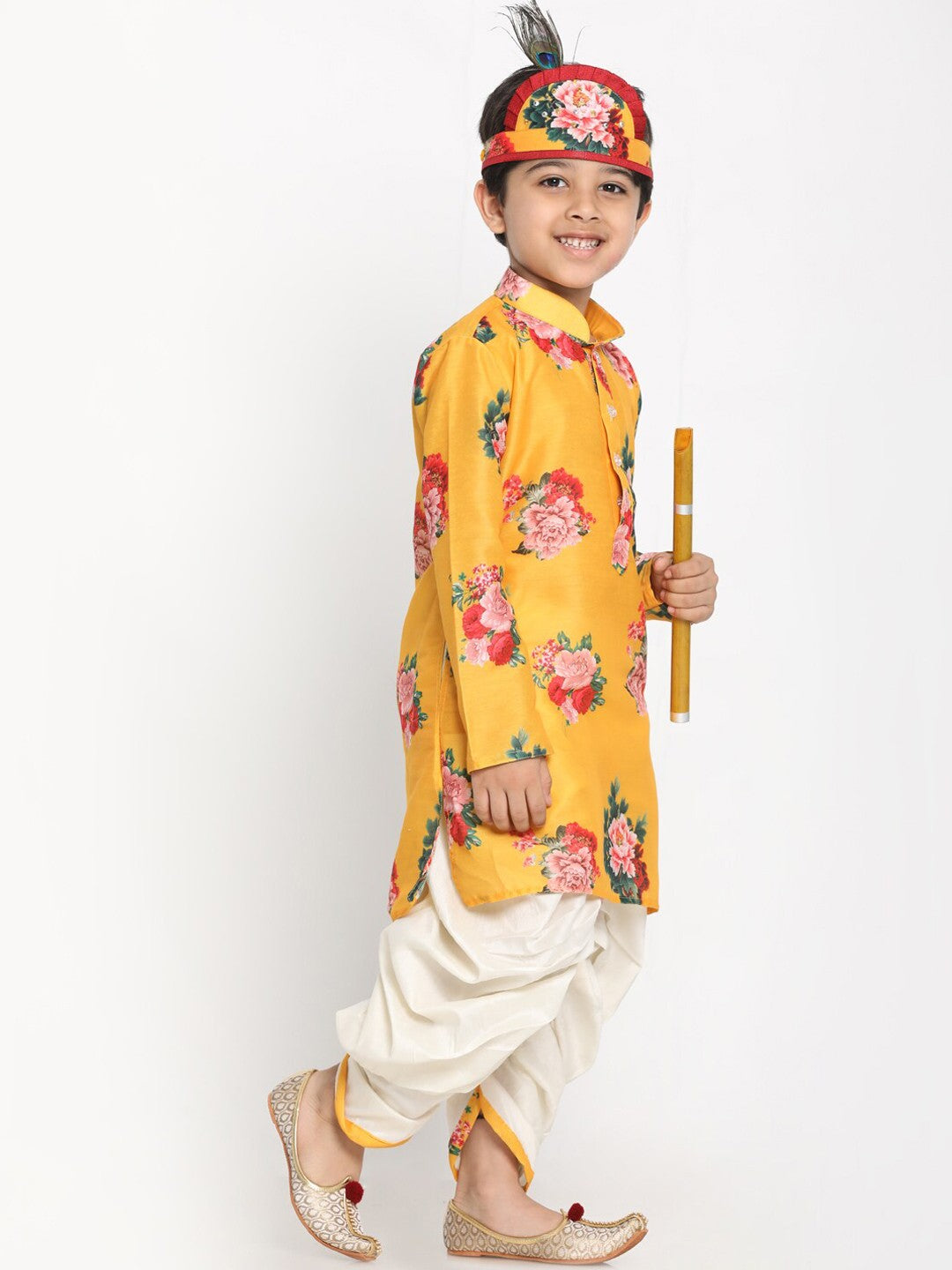 Boys Yellow Floral Printed Kurta with Dhoti Pants