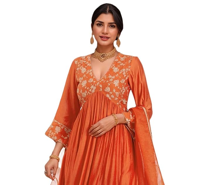 Women's Rayon Viscose Anarkali Embroidered Kurta with Pant & Dupatta