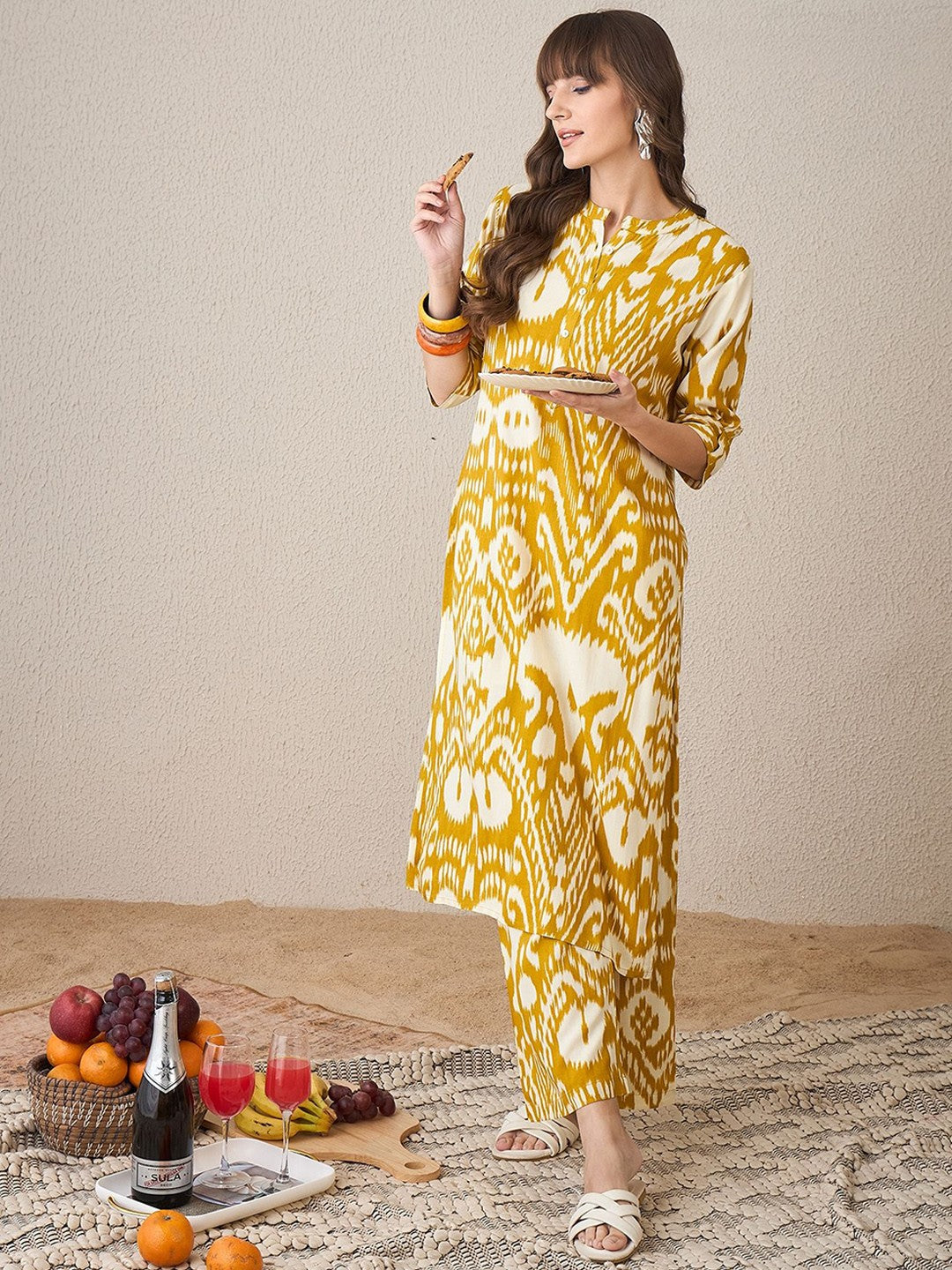 Abstract Printed Mandarin Collar Straight Kurta with Palazzos