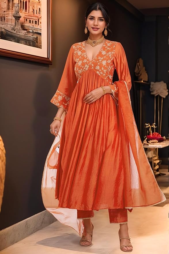 Women's Rayon Viscose Anarkali Embroidered Kurta with Pant & Dupatta