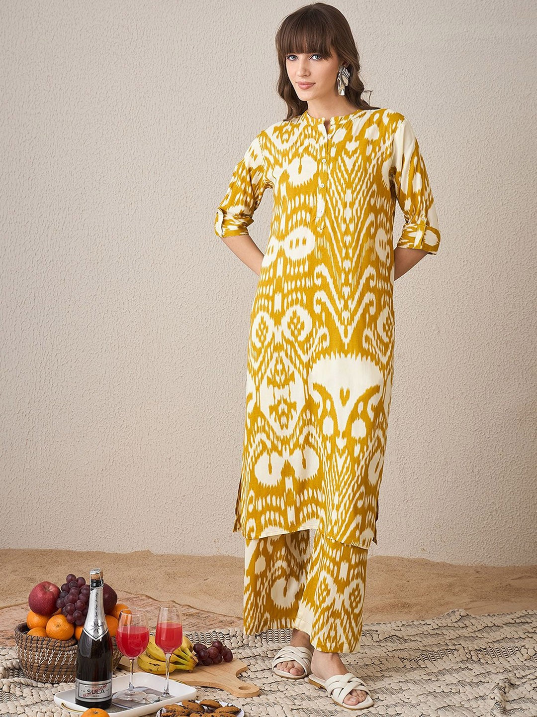 Abstract Printed Mandarin Collar Straight Kurta with Palazzos