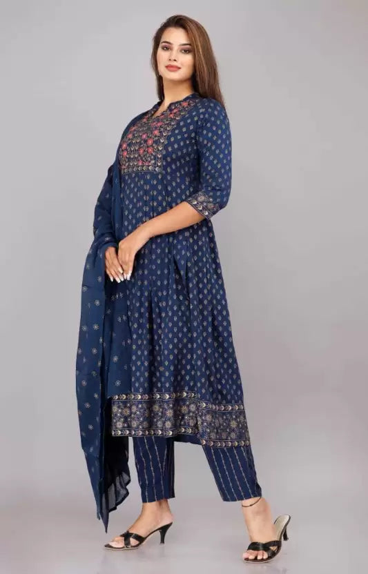 Women Blue Floral Viscose Rayon Kurta, Pant And Dupatta Set