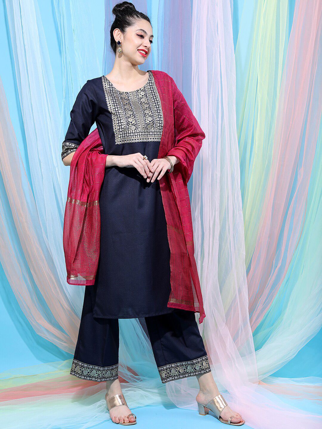 Navy Blue Ethnic Motifs Yoke Design Straight Kurta With Palazzos & Dupatta