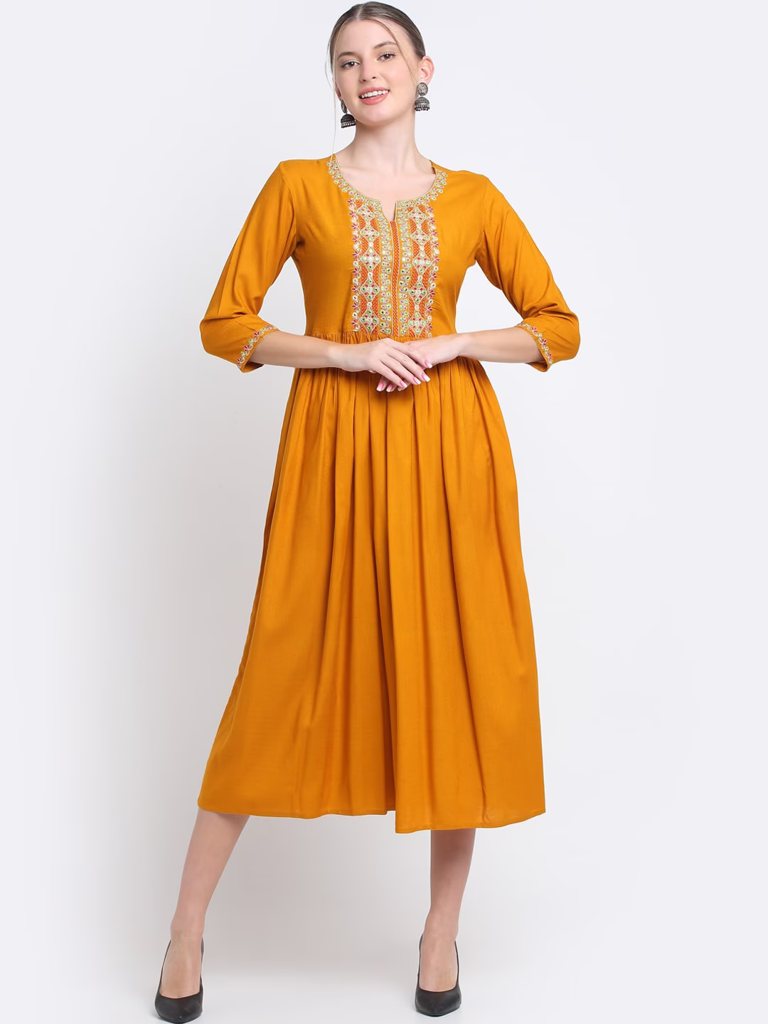 Embroidered Flared Midi Cotton Dress