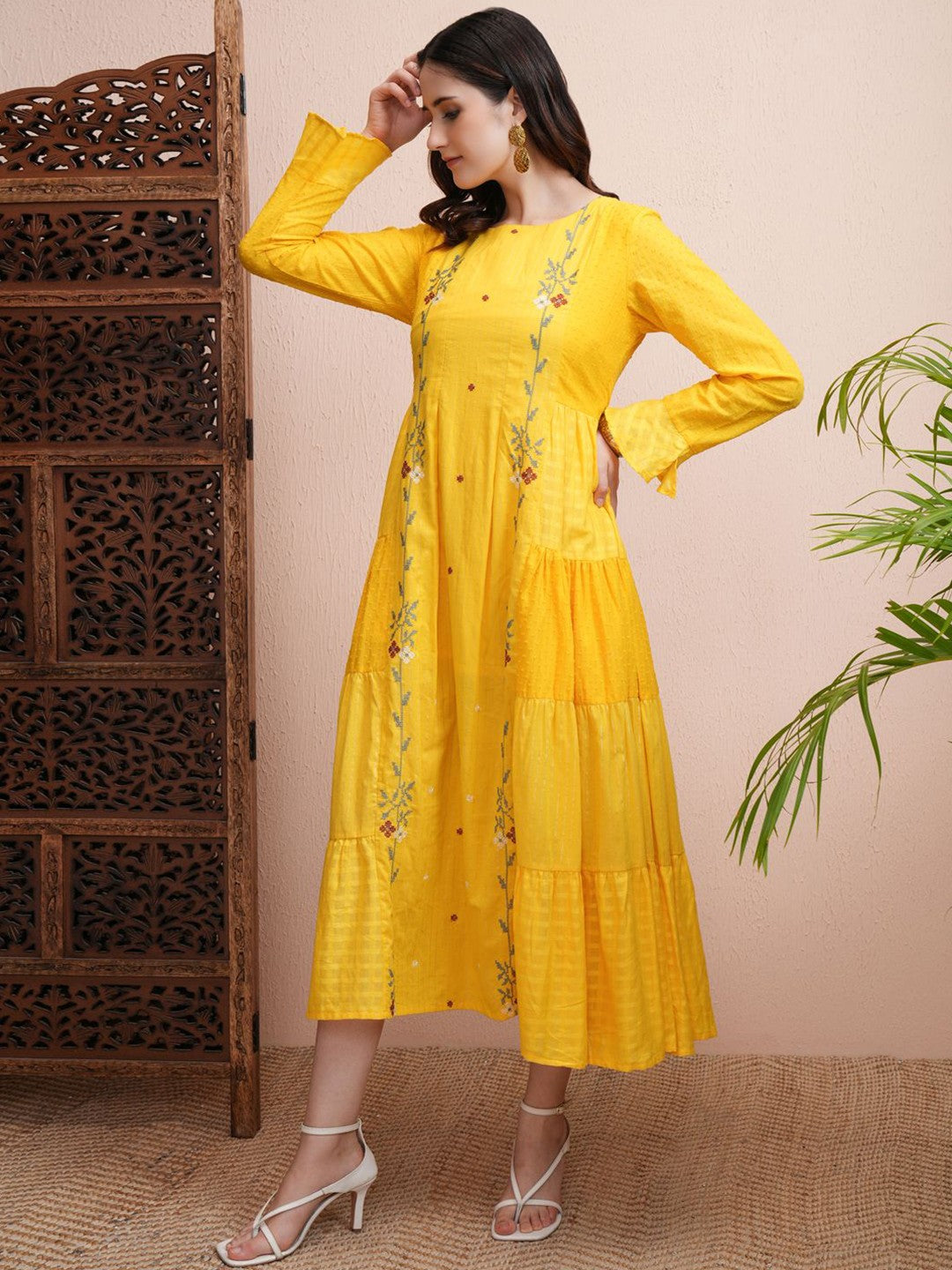 Embroidered Flared Sleeve A Line Maxi Dress