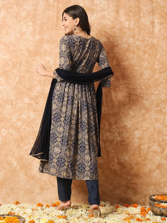 Ethnic Motifs Embroidered Thread Work Chanderi Silk Kurta With Trousers & Dupatta
