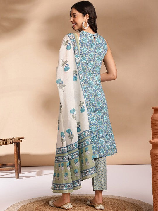 Ethnic Motifs Printed Regular Gotta Patti Pure Cotton Kurta With Trousers & Dupatta