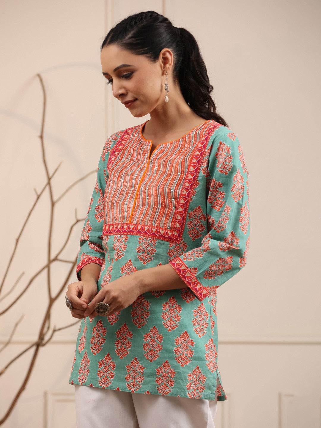 Ethnic Printed Sequinned Detail Pure Cotton Kurti