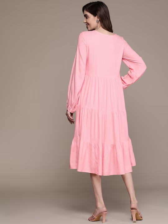 Pink Floral Embroidered Ethnic A-Line Dress